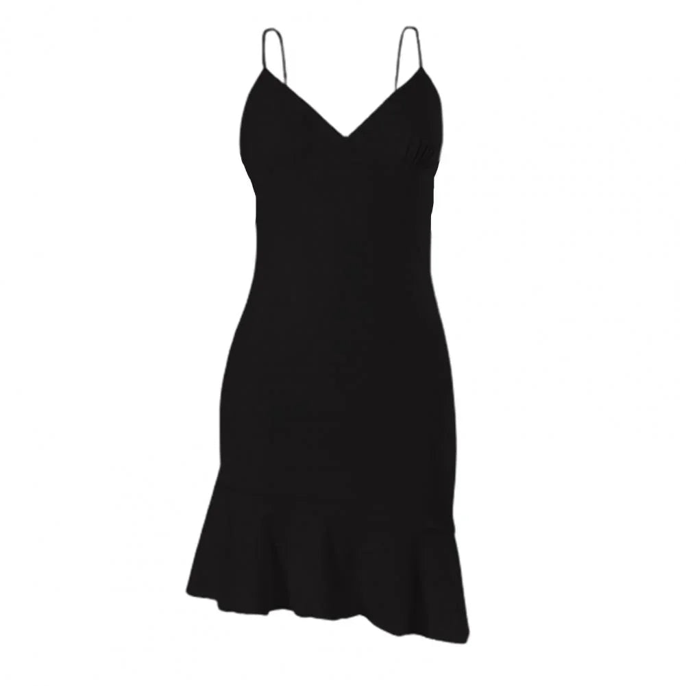 Sexy Kleid Frauen Spaghetti Gurt Kleider Weibliche Frauen Kleid Spaghetti-trägern Rüschen Sommer Einfarbig V-ausschnitt Kleid für Party | tif-shop24.de