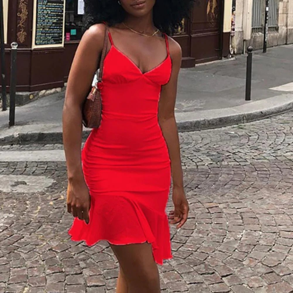 Sexy Kleid Frauen Spaghetti Gurt Kleider Weibliche Frauen Kleid Spaghetti-trägern Rüschen Sommer Einfarbig V-ausschnitt Kleid für Party | tif-shop24.de