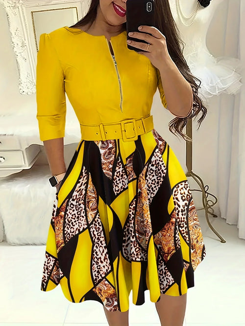 Spleißkleid Mit Leopardenmuster, Lässiges, Halbem Reißverschluss - tif-shop24.de