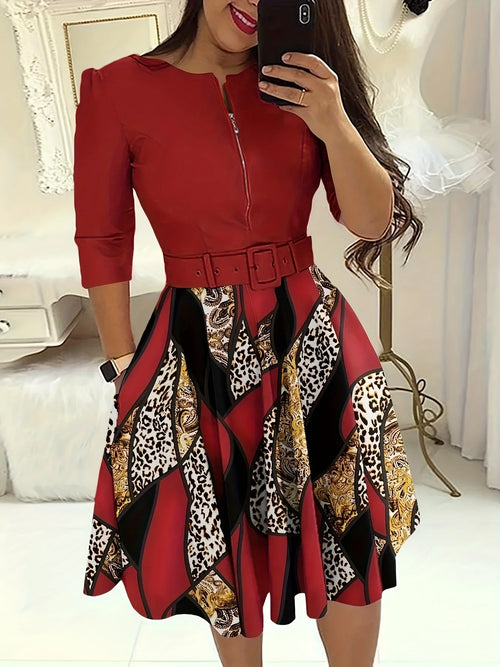 Spleißkleid Mit Leopardenmuster, Lässiges, Halbem Reißverschluss - tif-shop24.de