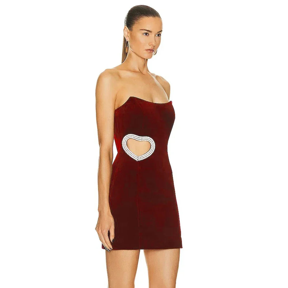 New Sexy Strapless Hollow Diamond Heart Luxury Wine Red Tight Mini Dress Elegant Evening Party Dress | tif-shop24.de