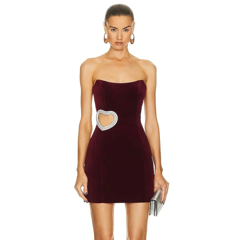 New Sexy Strapless Hollow Diamond Heart Luxury Wine Red Tight Mini Dress Elegant Evening Party Dress | tif-shop24.de