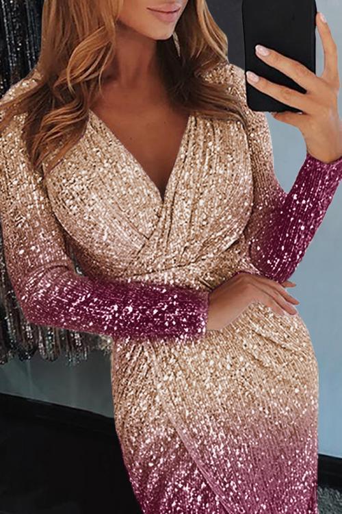 Ombre Sequin Wrapped Rüschen Unregelmäßiges Kleid - tif-shop24.de