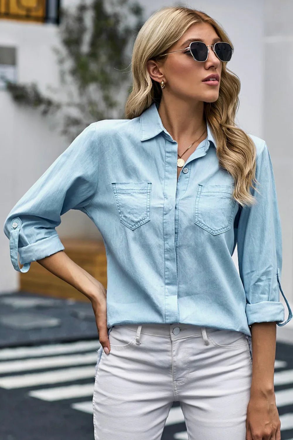 Roll-Up Langarm-Jeanshemd mit ausgefranstem Saum - tif-shop24.de