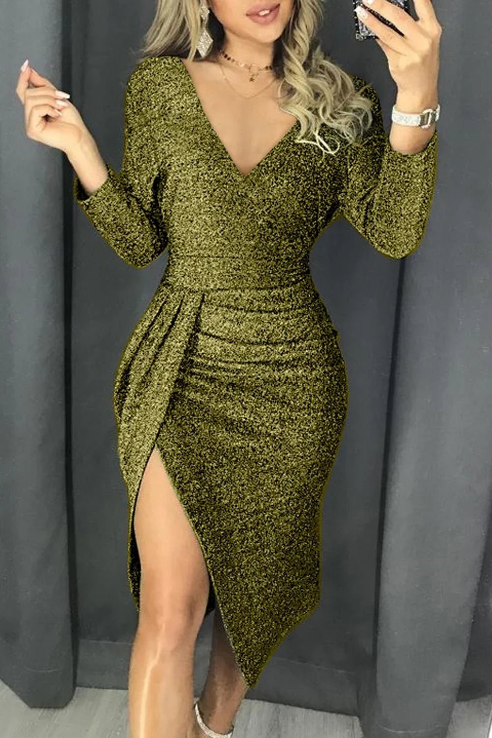 Glitzer Ruched Oberschenkel Schlitz Party Metallic Kleid | tif-shop24.de