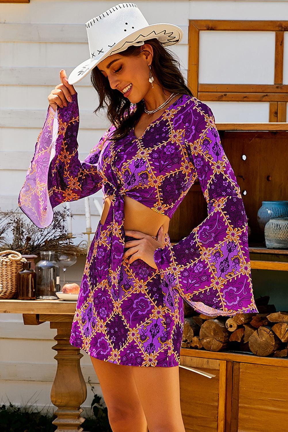 Retro Bell Sleeve Front Knot 2 Stück Kleid | tif-shop24.de