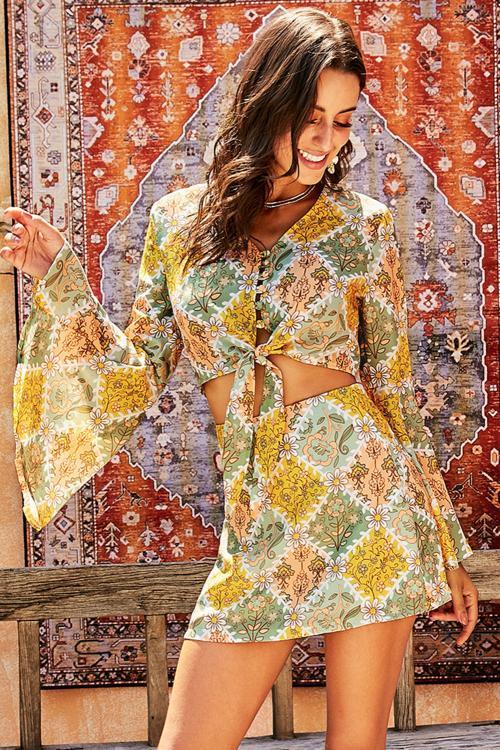 Retro Bell Sleeve Front Knot 2 Stück Kleid | tif-shop24.de