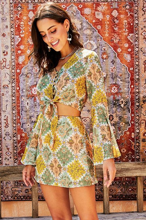 Retro Bell Sleeve Front Knot 2 Stück Kleid | tif-shop24.de