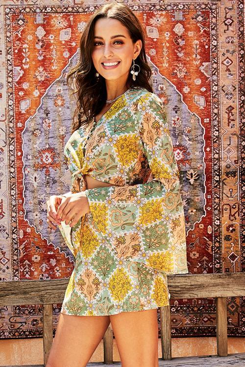 Retro Bell Sleeve Front Knot 2 Stück Kleid | tif-shop24.de