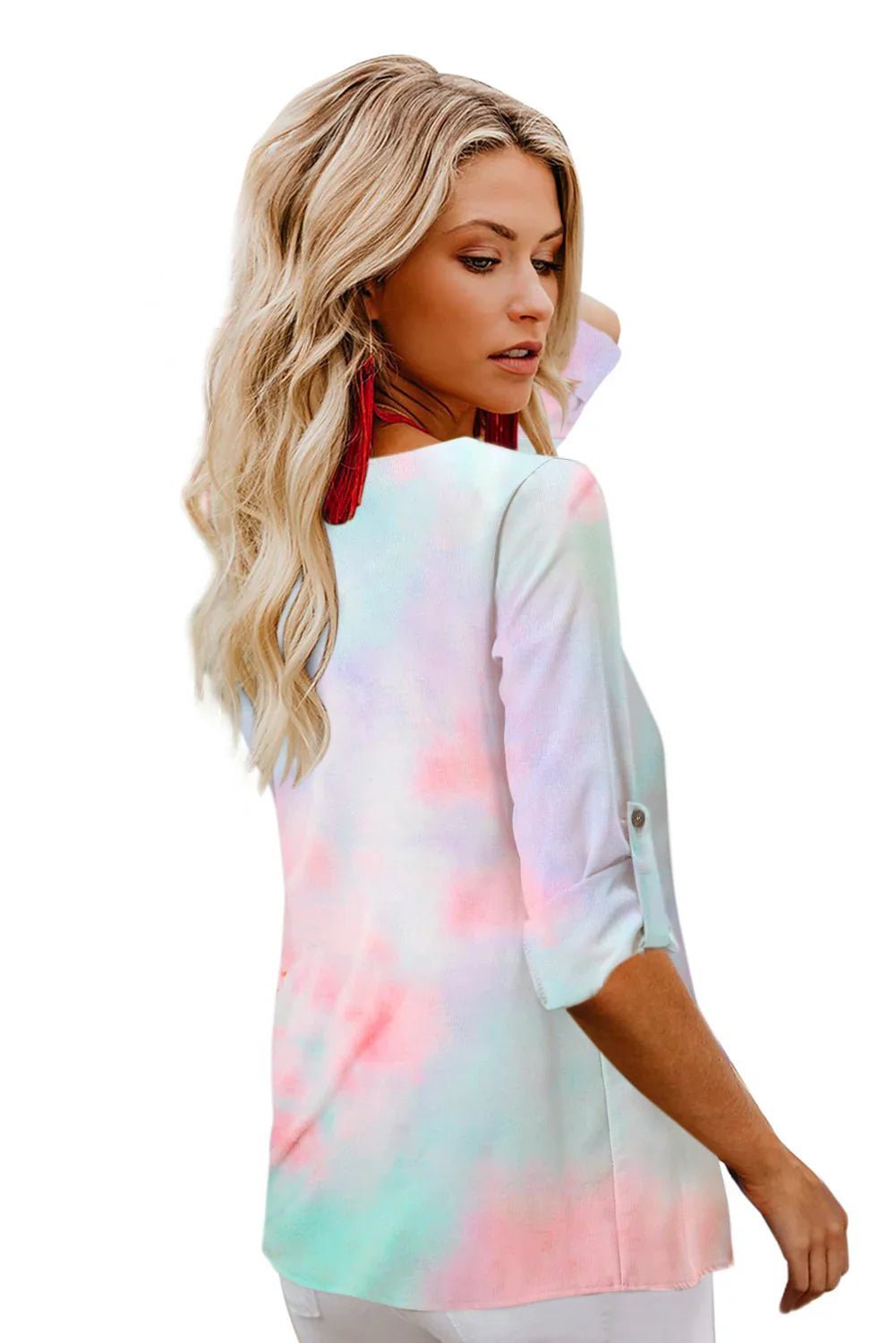 Mehrfarbige Langarm-Krawattenbluse mit V-Ausschnitt und Knopfverschluss | tif-shop24.de