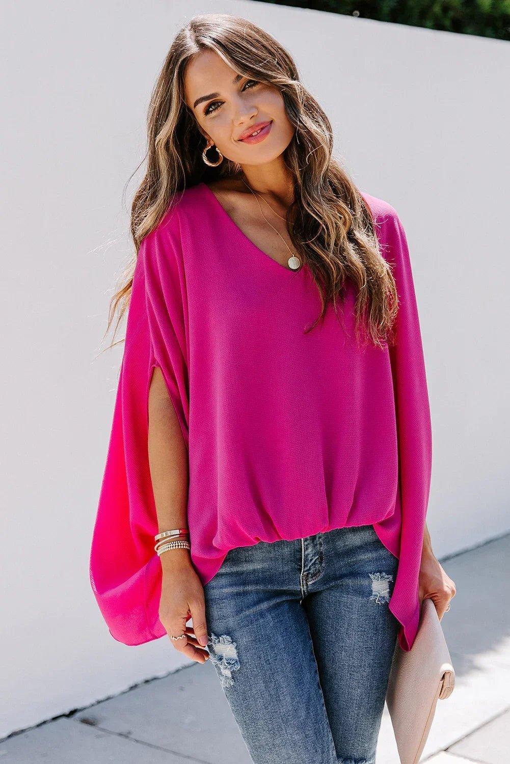 Draped Dolman Sleeves V Neck Blouse - tif-shop24.de