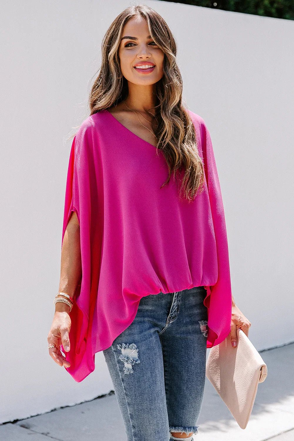 Draped Dolman Sleeves V Neck Blouse | tif-shop24.de