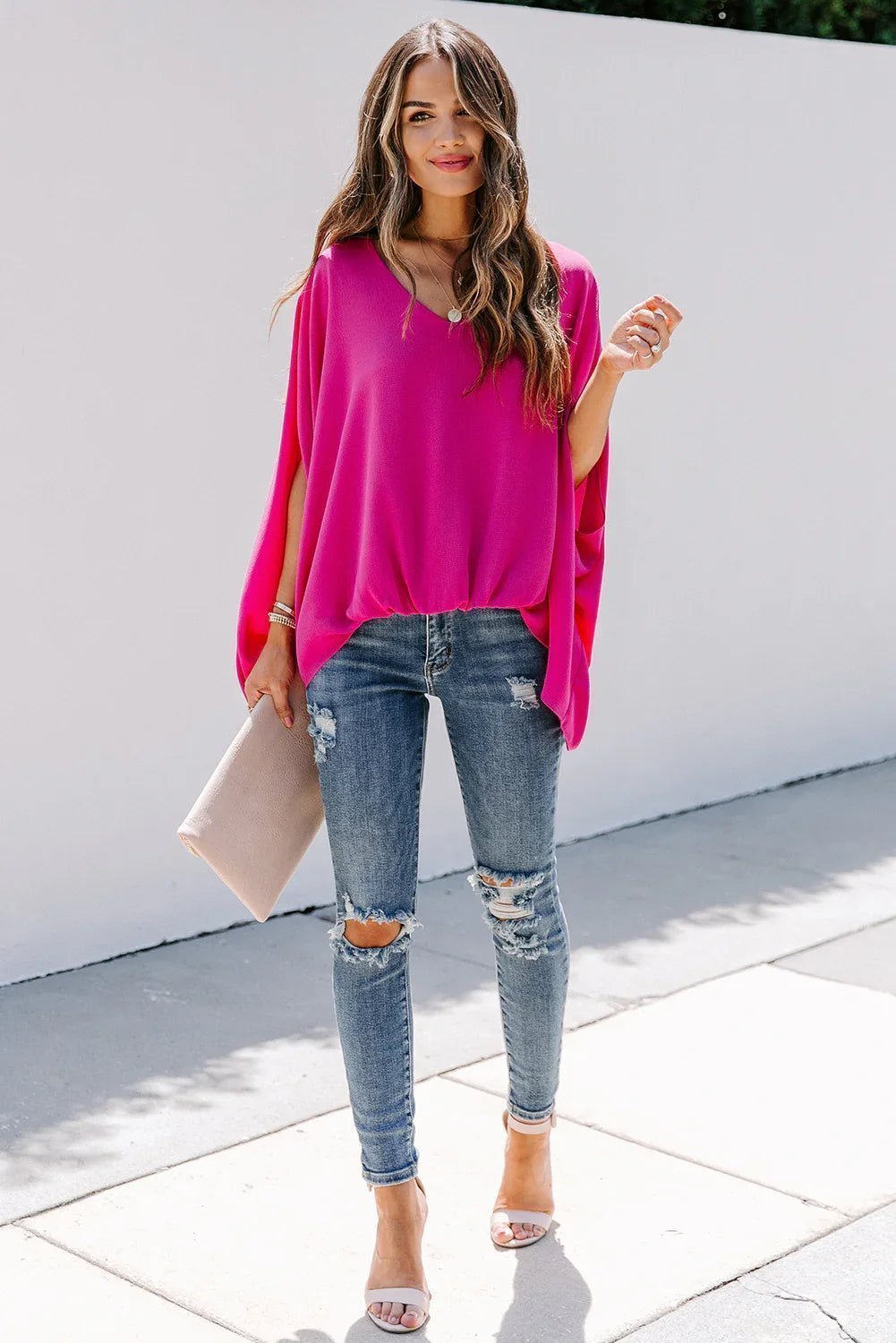 Draped Dolman Sleeves V Neck Blouse | tif-shop24.de