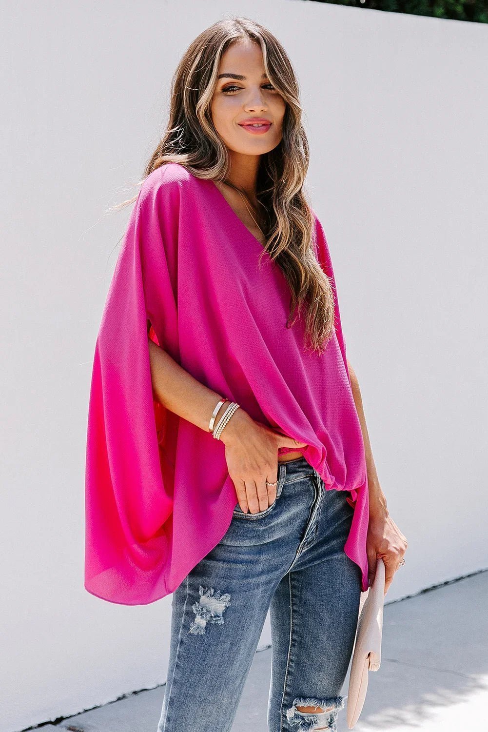 Draped Dolman Sleeves V Neck Blouse | tif-shop24.de