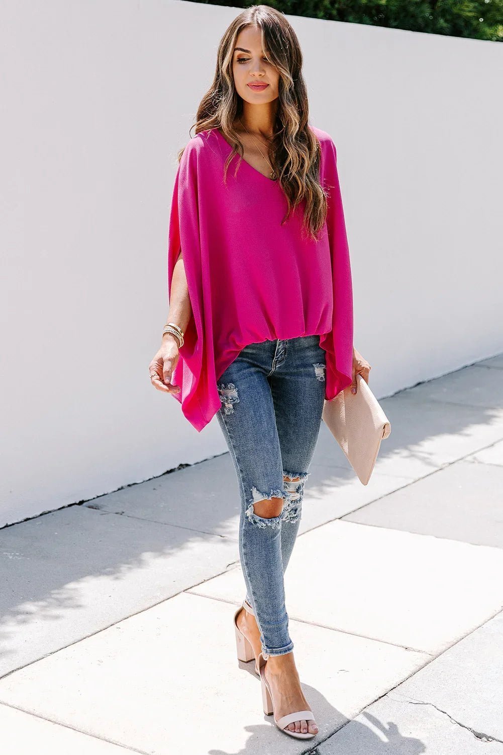 Draped Dolman Sleeves V Neck Blouse - tif-shop24.de