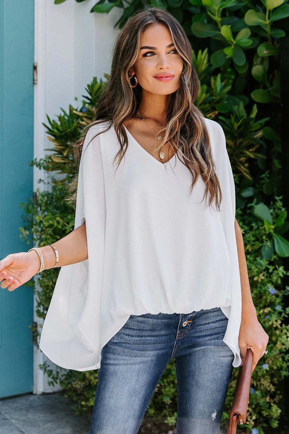 Draped Dolman Sleeves V Neck Blouse - tif-shop24.de