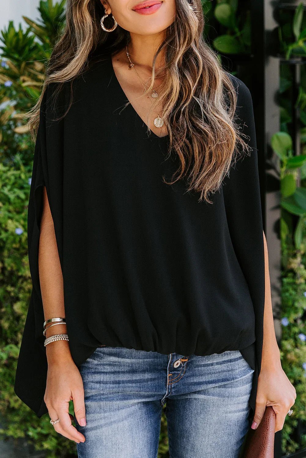 Draped Dolman Sleeves V Neck Blouse - tif-shop24.de