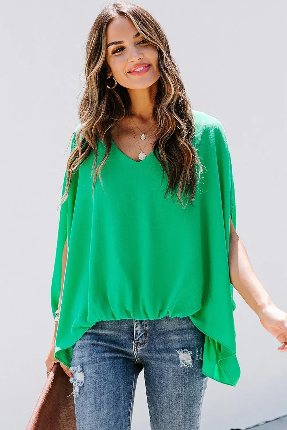 Draped Dolman Sleeves V Neck Blouse | tif-shop24.de