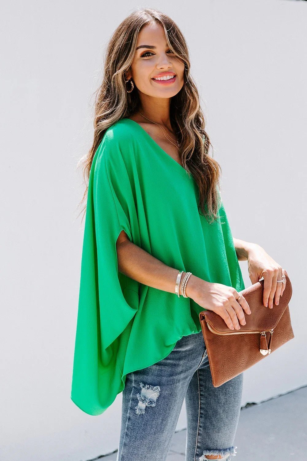 Draped Dolman Sleeves V Neck Blouse | tif-shop24.de
