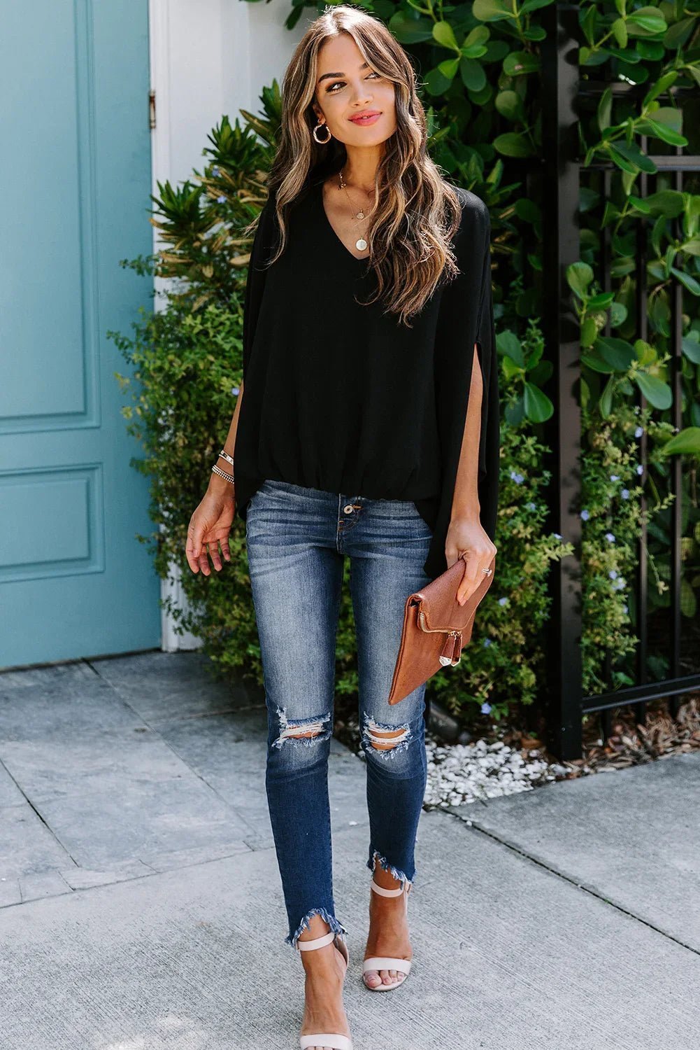 Draped Dolman Sleeves V Neck Blouse | tif-shop24.de