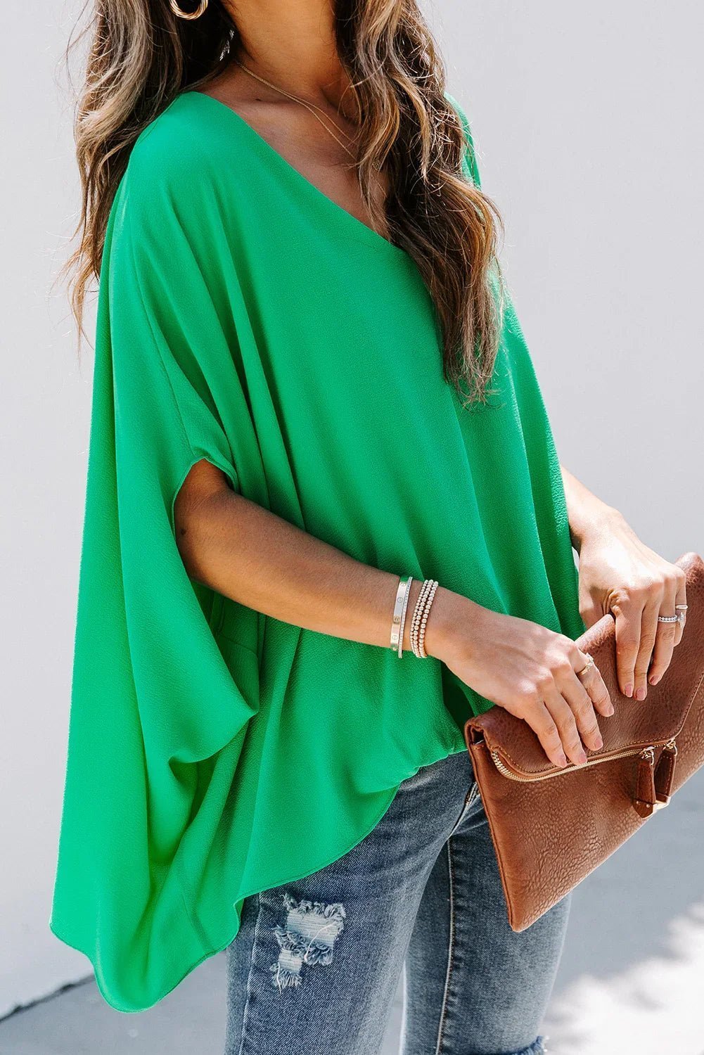 Draped Dolman Sleeves V Neck Blouse - tif-shop24.de