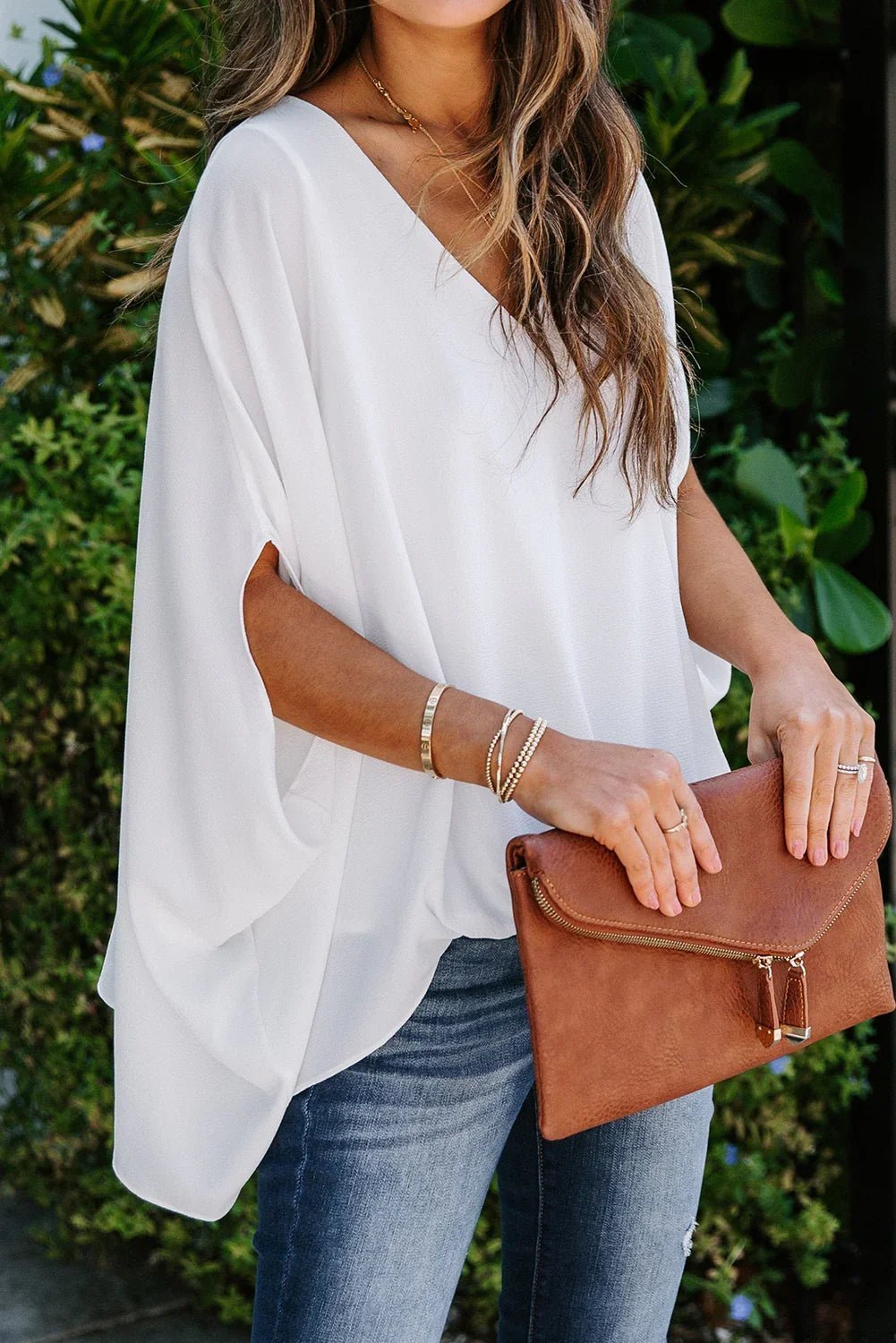 Draped Dolman Sleeves V Neck Blouse - tif-shop24.de