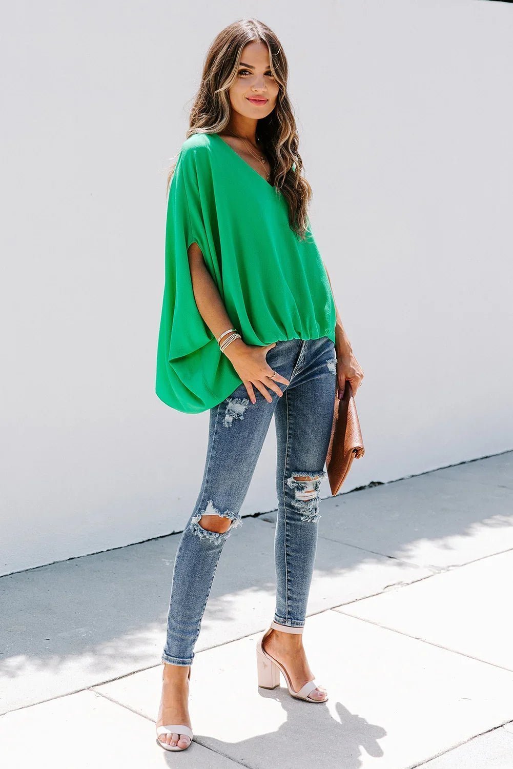 Draped Dolman Sleeves V Neck Blouse - tif-shop24.de