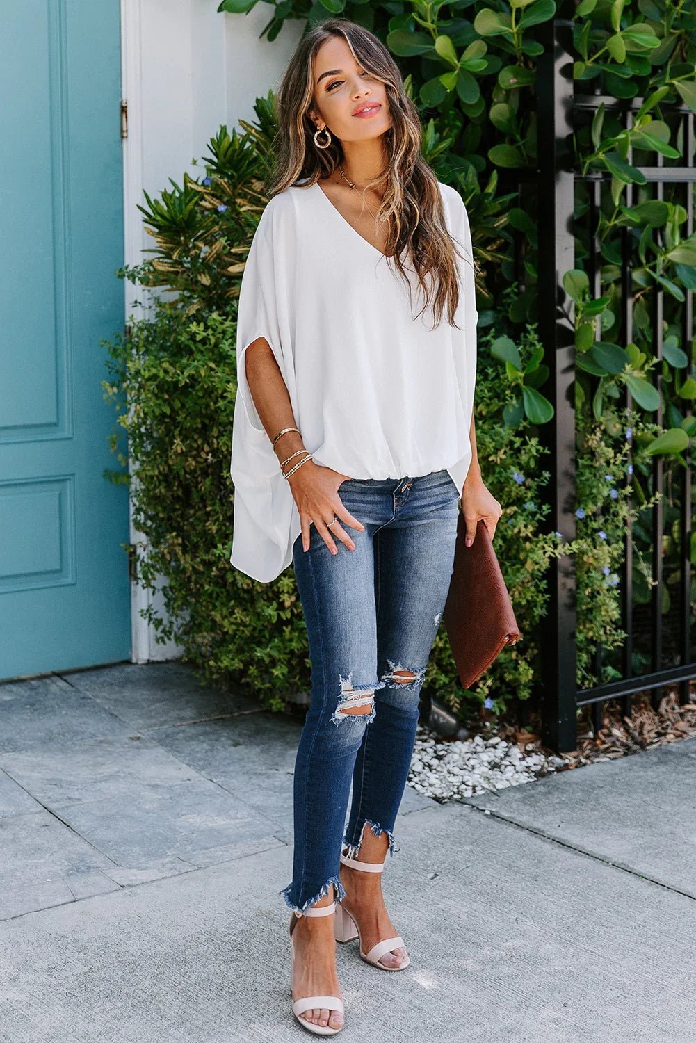 Draped Dolman Sleeves V Neck Blouse | tif-shop24.de