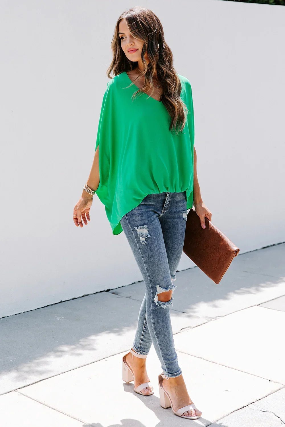 Draped Dolman Sleeves V Neck Blouse - tif-shop24.de
