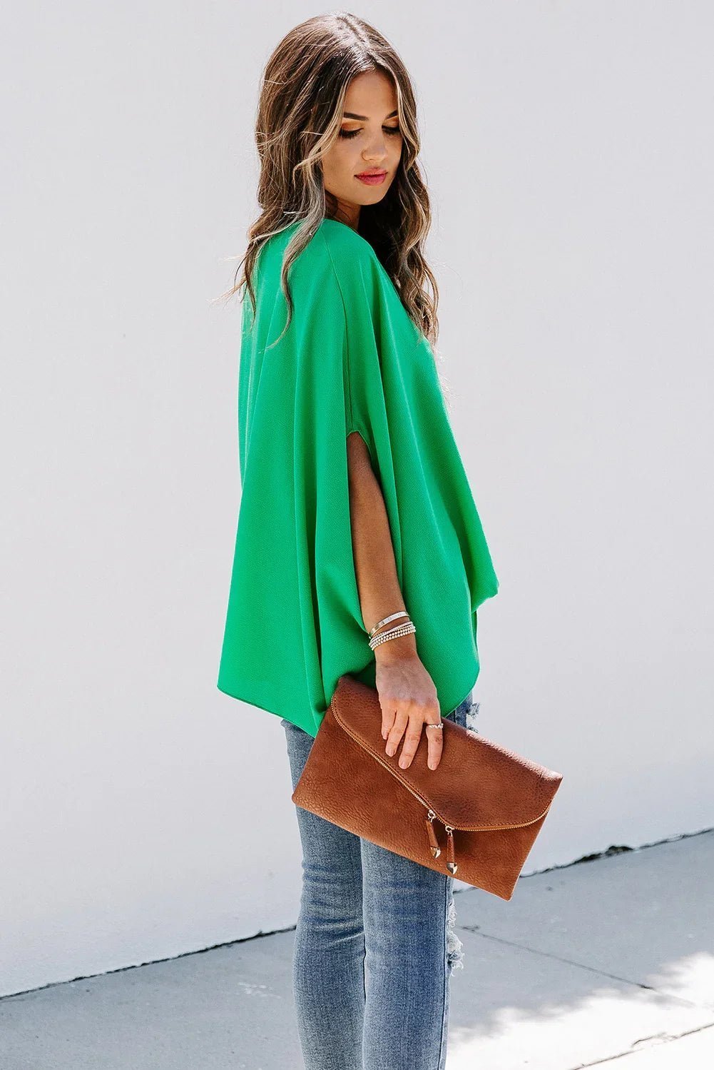 Draped Dolman Sleeves V Neck Blouse | tif-shop24.de