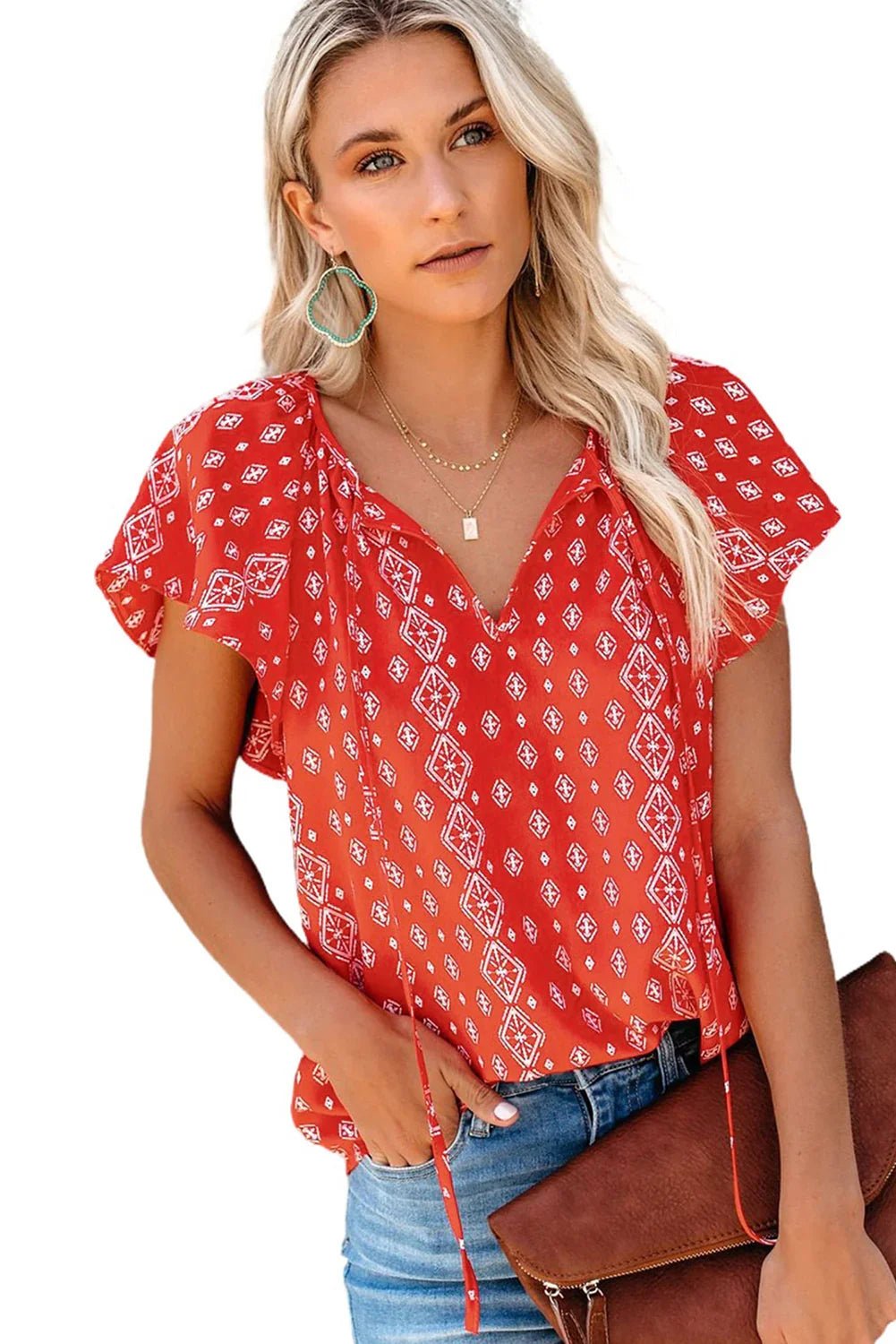 V-Ausschnitt Kurzarm Modedruck Fantasy flatternde Bluse | tif-shop24.de