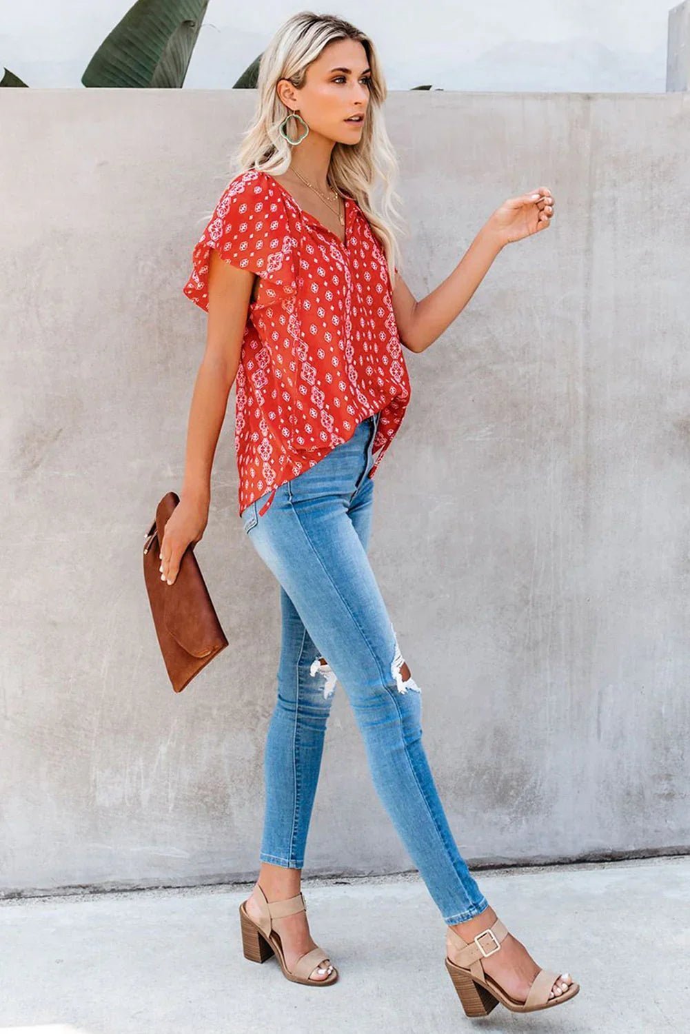 V-Ausschnitt Kurzarm Modedruck Fantasy flatternde Bluse - tif-shop24.de