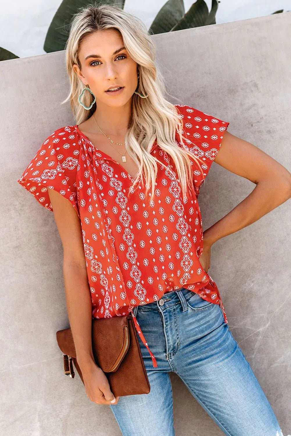 V-Ausschnitt Kurzarm Modedruck Fantasy flatternde Bluse | tif-shop24.de