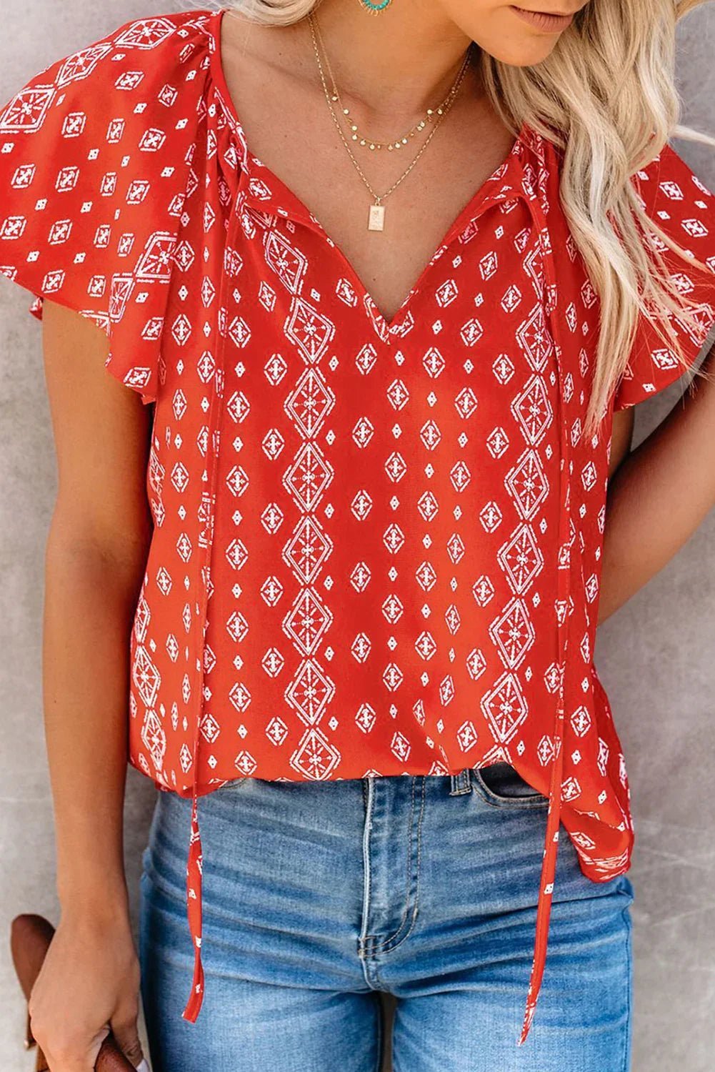 V-Ausschnitt Kurzarm Modedruck Fantasy flatternde Bluse | tif-shop24.de