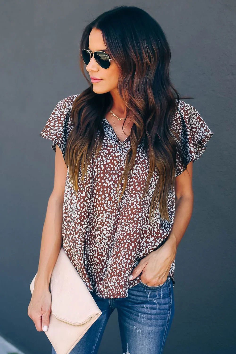 V-Ausschnitt Kurzarm Modedruck Fantasy flatternde Bluse | tif-shop24.de