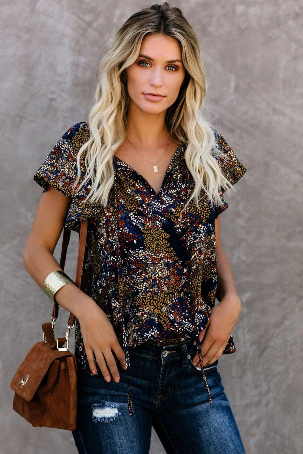 V-Ausschnitt Kurzarm Modedruck Fantasy flatternde Bluse - tif-shop24.de