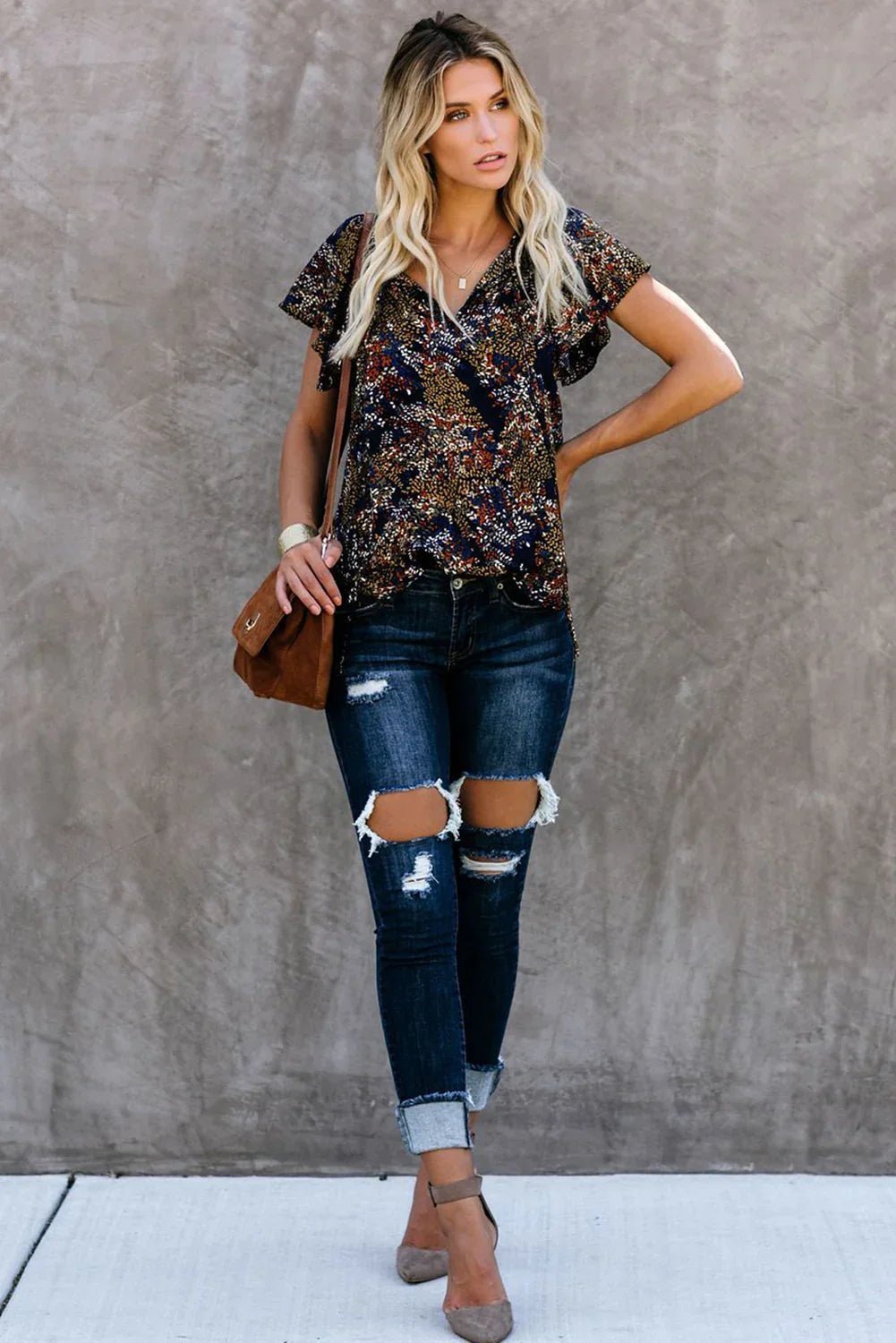 V-Ausschnitt Kurzarm Modedruck Fantasy flatternde Bluse - tif-shop24.de