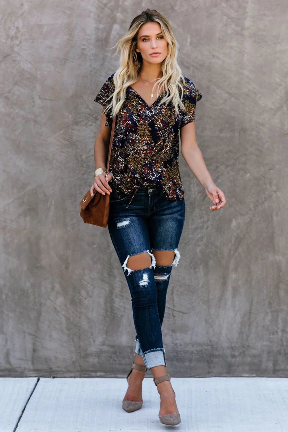 V-Ausschnitt Kurzarm Modedruck Fantasy flatternde Bluse - tif-shop24.de