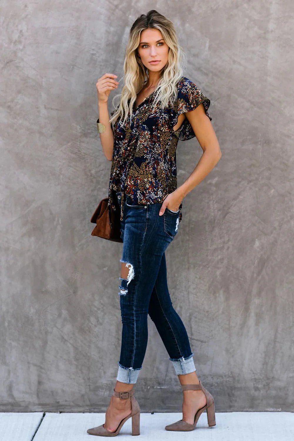 V-Ausschnitt Kurzarm Modedruck Fantasy flatternde Bluse | tif-shop24.de