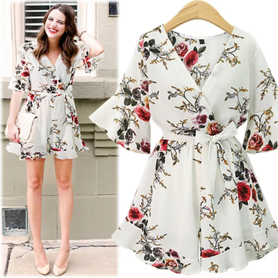 DICLOUD Blumen-Chiffon-reizvoller Overall-Frauen-V-Ausschnitt-Druck-Strand Overall Boho-Bodysuit | tif-shop24.de