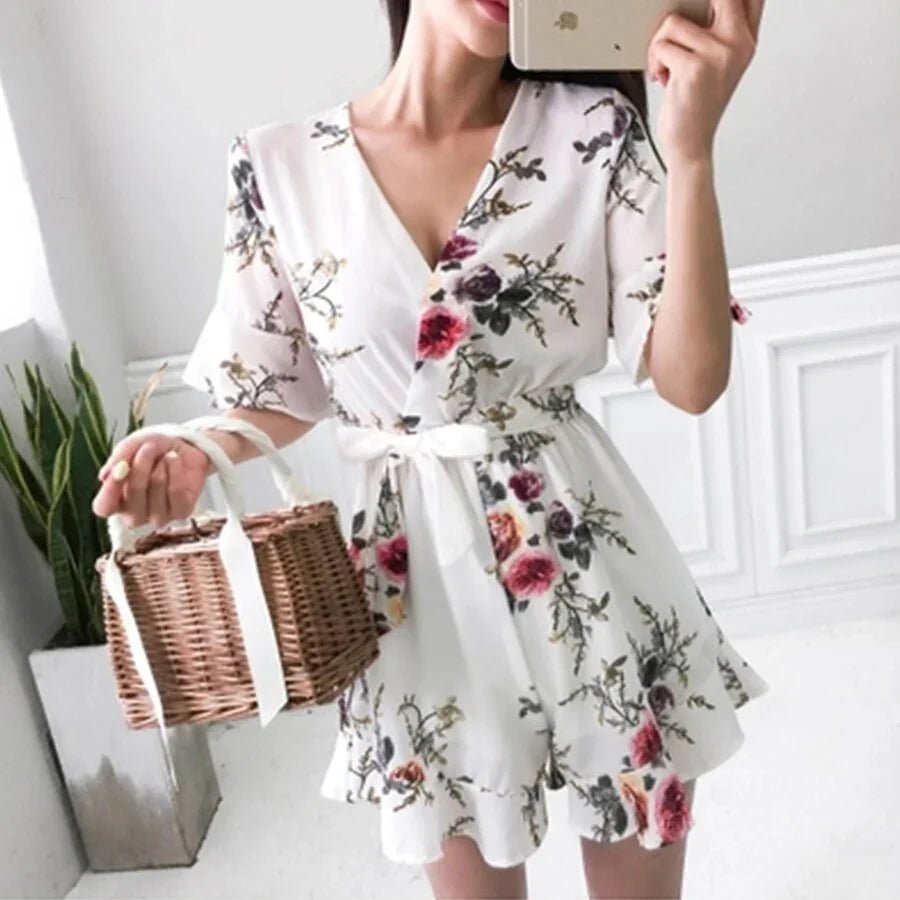 DICLOUD Blumen-Chiffon-reizvoller Overall-Frauen-V-Ausschnitt-Druck-Strand Overall Boho-Bodysuit | tif-shop24.de