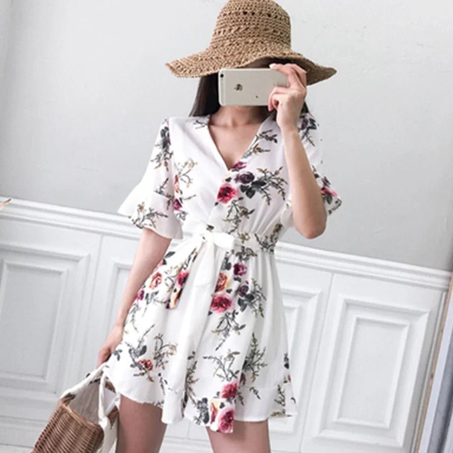 DICLOUD Blumen-Chiffon-reizvoller Overall-Frauen-V-Ausschnitt-Druck-Strand Overall Boho-Bodysuit - tif-shop24.de