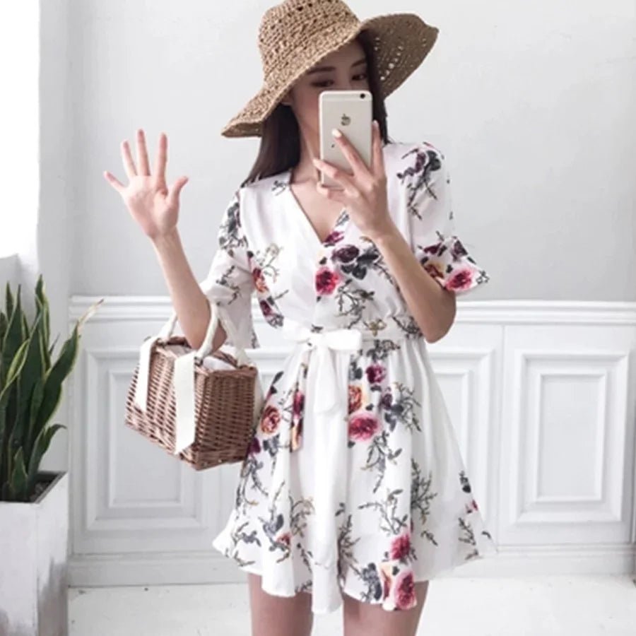 DICLOUD Blumen-Chiffon-reizvoller Overall-Frauen-V-Ausschnitt-Druck-Strand Overall Boho-Bodysuit | tif-shop24.de