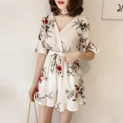 DICLOUD Blumen-Chiffon-reizvoller Overall-Frauen-V-Ausschnitt-Druck-Strand Overall Boho-Bodysuit | tif-shop24.de