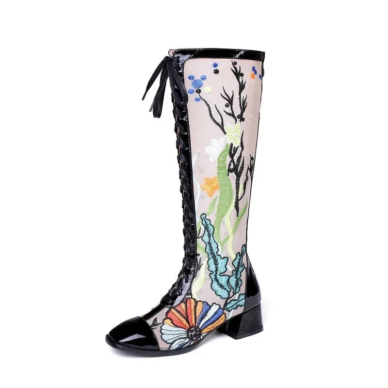 Neue Mode Nationalen Stil Frauen Aus Echtem Leder Mesh Blumen Knie-Hohe Lange Stiefel Damen Kreuz-gebunden Stiefel 200423 5.0 | tif-shop24.de