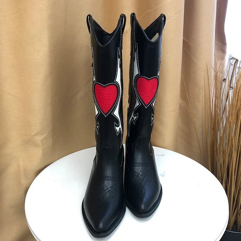 BONJOMARISA Liebe Herz Mitte Wade Stiefel Für Frauen Nette Cowgirls Vintage Mode Punk Western Stiefel - tif-shop24.de