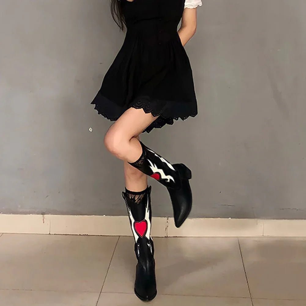 BONJOMARISA  Liebe Herz Mitte Wade Stiefel Für Frauen Nette Cowgirls  Vintage Mode Punk Western Stiefel | tif-shop24.de