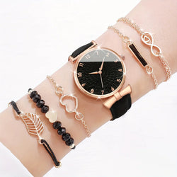 6er-Set Damenrundzeiger-Quarzuhr mit PU-Lederarmband und 5 Herzblatt-Armbändern – Geschenkidee | tif-shop24.de