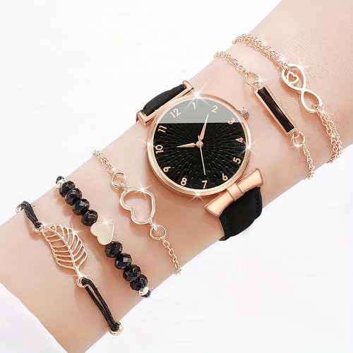 6er-Set Damenrundzeiger-Quarzuhr mit PU-Lederarmband und 5 Herzblatt-Armbändern – Geschenkidee | tif-shop24.de