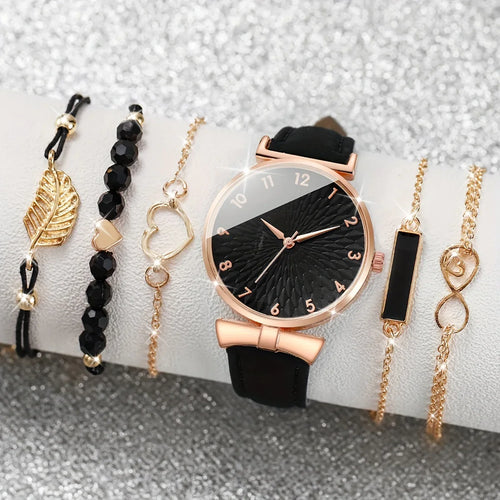 6er-Set Damenrundzeiger-Quarzuhr mit PU-Lederarmband und 5 Herzblatt-Armbändern – Geschenkidee | tif-shop24.de